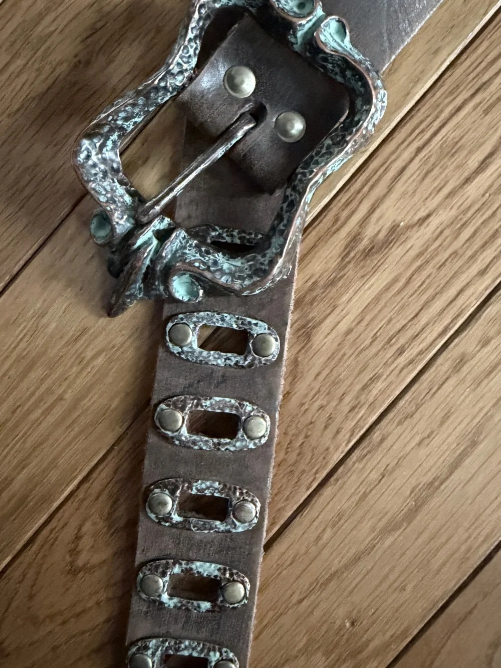 Papa & K Distressed Brown Leather Belt with Distressed Patina Buckle, Size 32